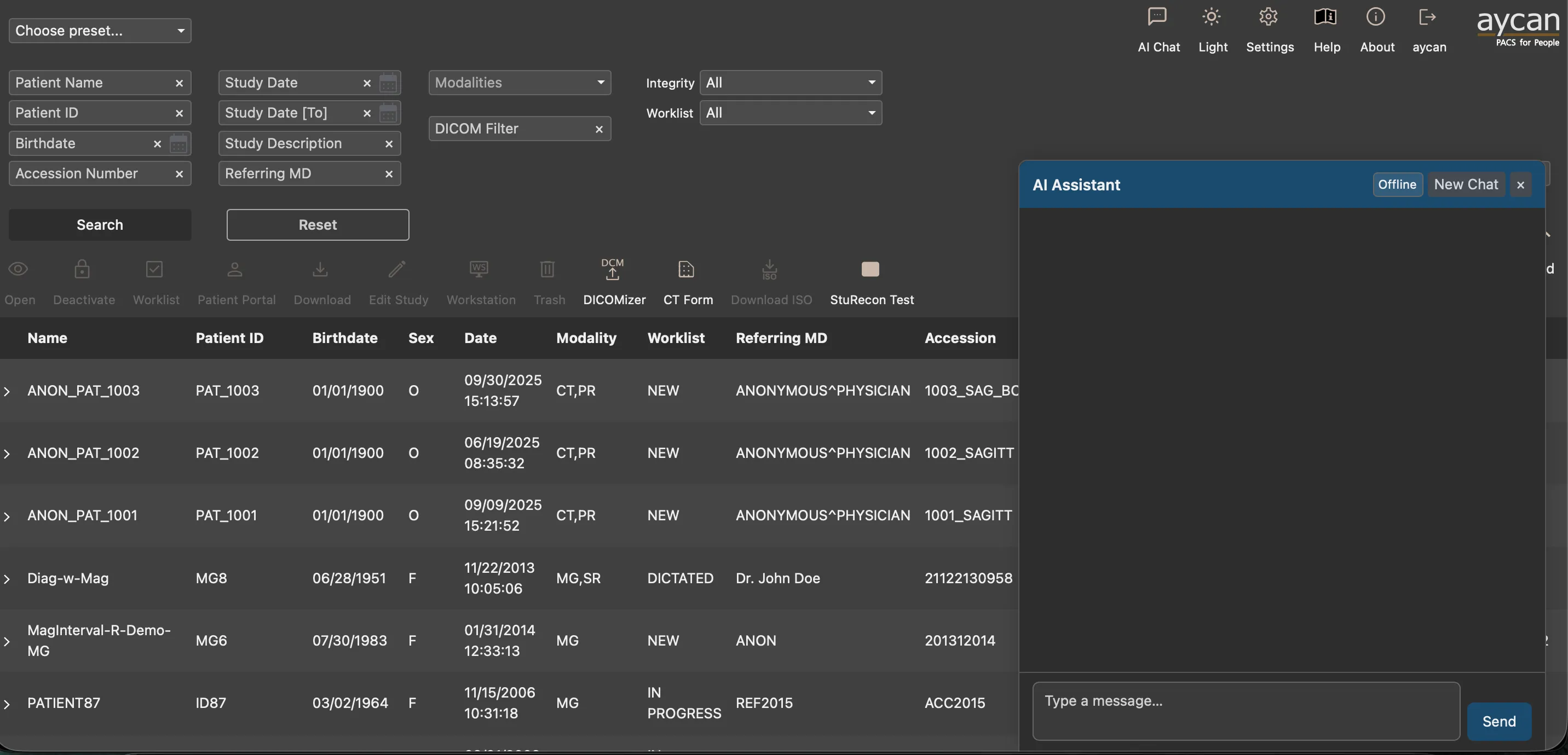 The aycan PACS study browser: a structured search form with Patient Name, ID, Birthdate, Accession, Study Date and Modality fields above a results table of anonymized demo studies, with the ayLLM 'AI Assistant' chat panel docked on the right.